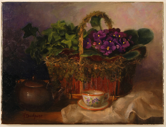 ‘African Violets’ by Duchesne Mireille, oil 11 1/2 x 15 1/2. Opening bid: $400. Image courtesy of Salmagundi Club.